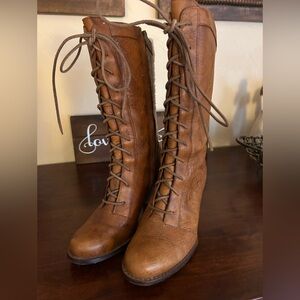 UGG Tan Leather Lace-Up Boots, side zipper too.